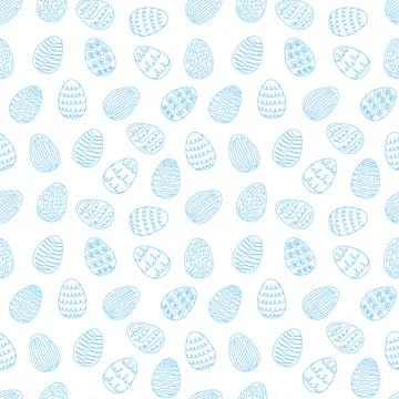 Seamless pattern of blue Easter eggs with hand-drawn details. Continuous one  Stock Illustration