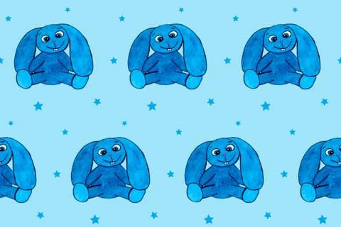 Seamless pattern with blue eastern rabbit on blue board. Hand drawn picture Stock Illustration