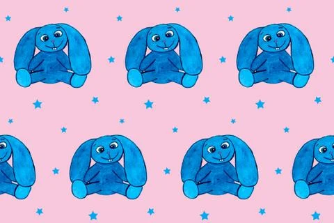Seamless pattern with blue eastern rabbit on pink board. Hand drawn picture Stock Illustration