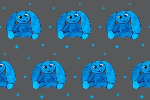 Seamless pattern with blue eastern rabbit on grey board. Hand drawn picture Stock Illustration