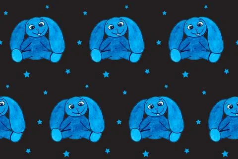 Seamless pattern with blue eastern rabbit on black board. Hand drawn picture Illustrazione stock