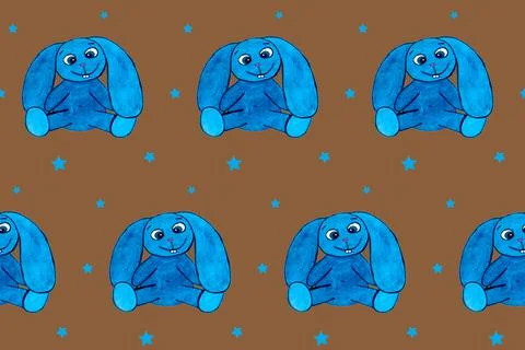 Seamless pattern with blue eastern rabbit on brown board. Hand drawn picture. Stock Illustration