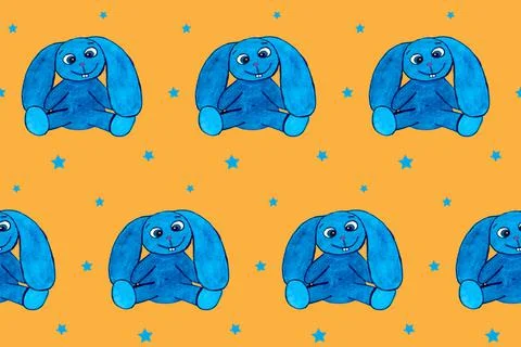 Seamless pattern with blue eastern rabbit on orange board. Hand drawn picture Stock Illustration