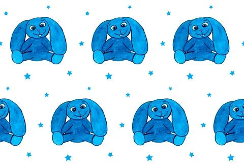 Seamless pattern with blue eastern rabbit on white board. Hand drawn picture Stock Illustration