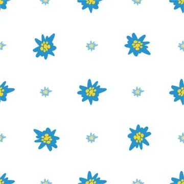 Seamless pattern with blue Edelweiss flowers on white background. Hand drawn Stock Illustration