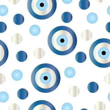 Seamless pattern with blue evil eye vector and polka dots 스톡 일러스트