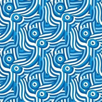Seamless Pattern with Blue Evil Eye Amulets and Wavy Lines. Stock Illustration