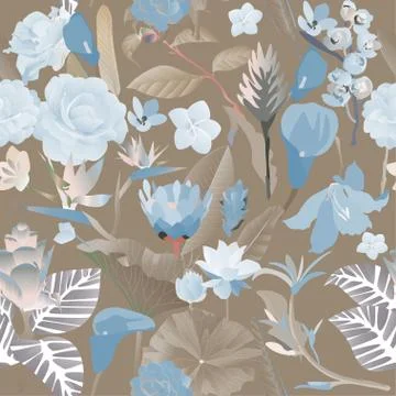 Seamless pattern. Blue exotic aquatic and tropical flowers with large leaves Stock Illustration