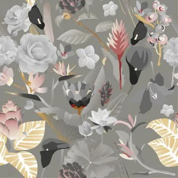 Seamless pattern. Blue exotic aquatic and tropical flowers with large leaves Stock Illustration