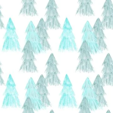 Seamless pattern with blue fir illustration in a watercolor style on white Stock Illustration