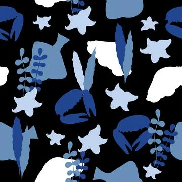 Seamless Pattern with Blue Fish and Underwater Sea Inhabitants Silhouettes. Illustrazione stock