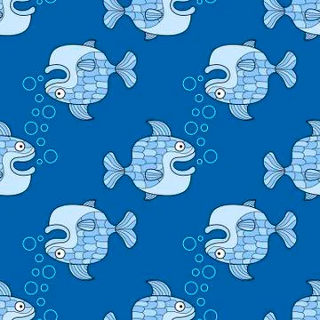 Seamless pattern with blue fish on a blue background. Stock Illustration