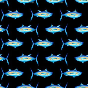 Seamless pattern with blue fishes on a black background. Watercolor illustrat Stock Illustration