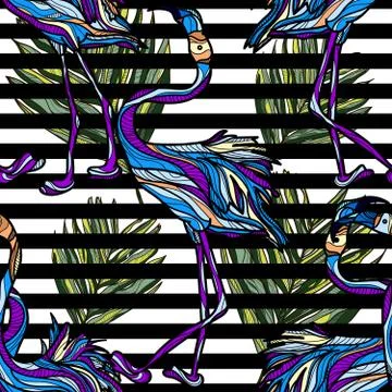 Seamless pattern with blue flamingo, tropical leaves and black stripes. Stock Illustration
