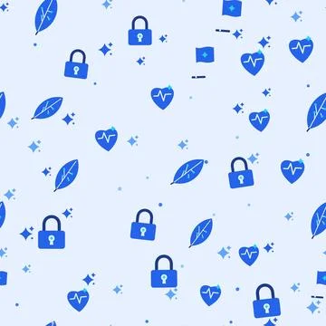 Seamless pattern with blue flat padlocks, hearts, leaves, flags and cyan Ilustración de archivo