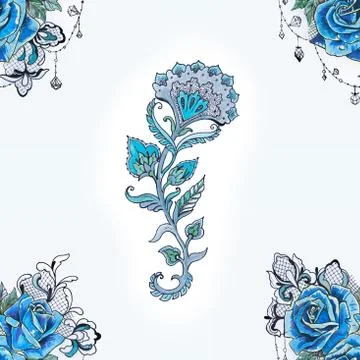 Seamless pattern of a blue flower and branch with roses on a white background. Stock Illustration