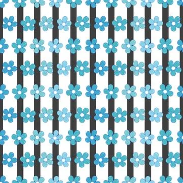 Seamless pattern with blue flowers and black stripes on white background Stock Illustration