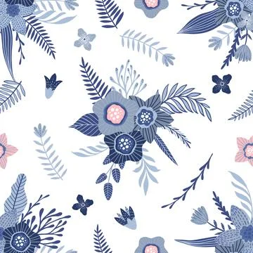 Seamless pattern with blue flowers and leaves. Creative floral texture. Great Illustrazione stock