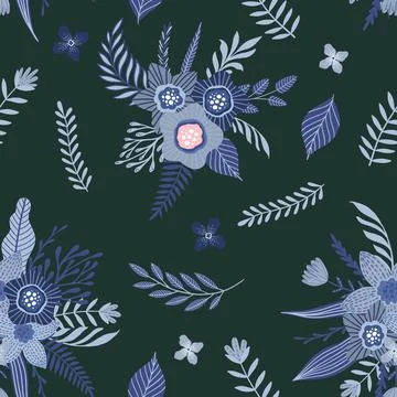 Seamless pattern with blue flowers and leaves. Creative floral texture. Great Stock Illustration