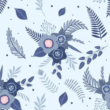 Seamless pattern with blue flowers and leaves. Creative floral texture. Great Illustrazione stock