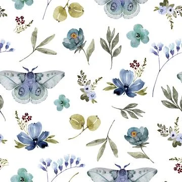 Seamless pattern with blue flowers and butterflies on a white background. Stock Illustration