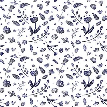 Seamless pattern with blue flowers and leaves on white background. Floral bac Stock Illustration