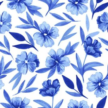 Seamless pattern with blue flowers and leaves in watercolor style for wedding Stock Illustration