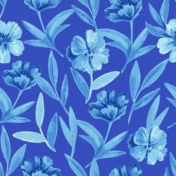 Seamless pattern with blue flowers and leaves in watercolor style for wedding Stock Illustration
