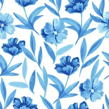 Seamless pattern with blue flowers and leaves in watercolor style for wedding Stock Illustration
