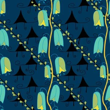 Seamless pattern with blue flowers and cute ornaments Stock Illustration