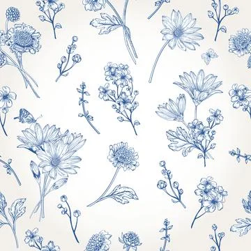 Seamless pattern with blue flowers. Illustrazione stock