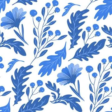 Seamless pattern blue flowers, leaves and branches Stock Illustration
