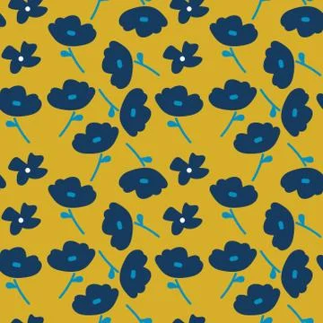 Seamless pattern with blue flowers on a yellow background. Stock Illustration