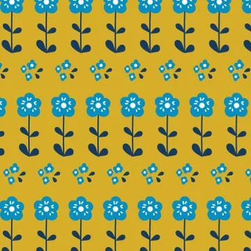 Seamless pattern with blue flowers on a yellow background. Stock Illustration