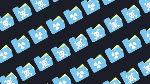 Seamless pattern of blue folders with skull and radiation warning icons Stock Footage 332387099