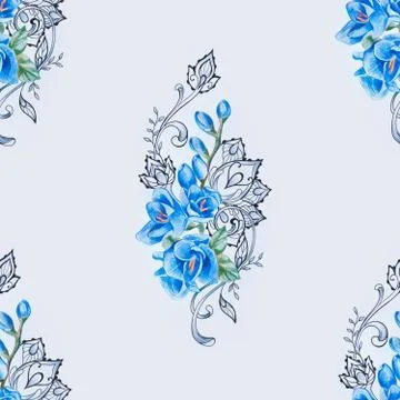 Seamless pattern of blue freesia on a white background. Stock Illustration