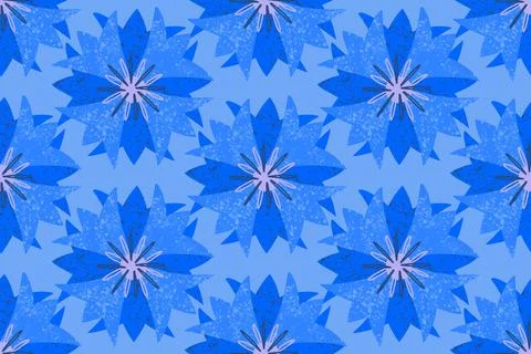 Seamless pattern, blue geometric stylized cornflower flowers, in a simple Stock Illustration