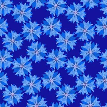 Seamless pattern, blue geometric stylized cornflower flowers, in a chaotic Stock Illustration