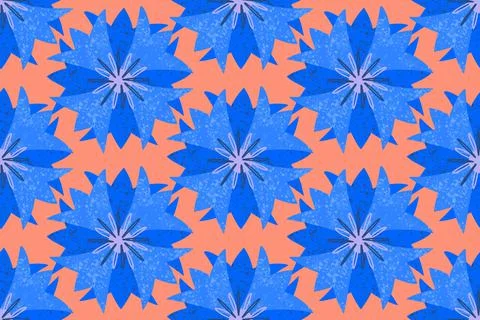 Seamless pattern, blue geometric stylized cornflower flowers, in a simple Stock Illustration
