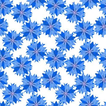 Seamless pattern, blue geometric stylized cornflower flowers, in a simple Stock Illustration