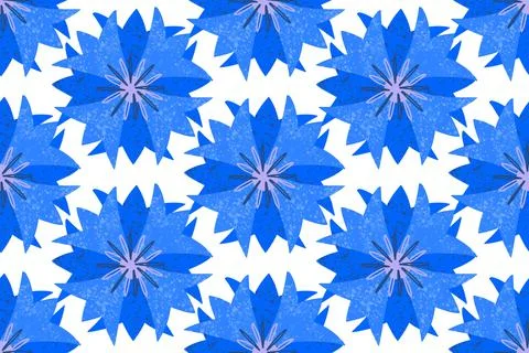 Seamless pattern, blue geometric stylized cornflower flowers, in a simple Stock Illustration