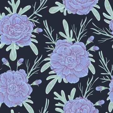 Seamless pattern with blue geranium flowers and sagebrush. Stock Illustration