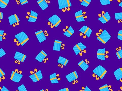 Seamless pattern with blue gift boxes with orange ribbon on a purple backgrou Stock Illustration