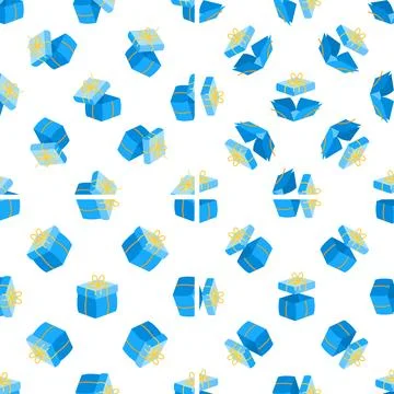Seamless pattern of blue gift boxes with gold ribbons floating on white 스톡 일러스트