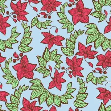 Seamless pattern in blue, green and red colors in vector graphic  with flower Stock Illustration