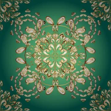 Seamless pattern on blue, green and beige colors with golden elements. Tradition イラスト素材