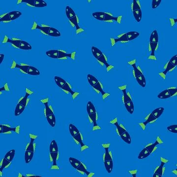 Seamless Pattern with Blue, Green and red Fish on dark blue Background. Stock Illustration
