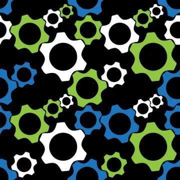 Seamless pattern - blue, green, white cogwheels Stock Illustration