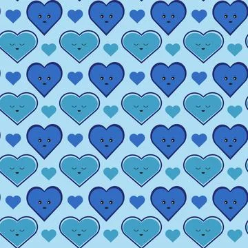 Seamless pattern with blue hearts different emotions and design Stock Illustration