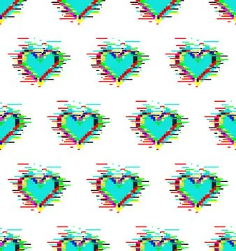 Seamless pattern of blue hearts with glitch effect Illustrazione stock